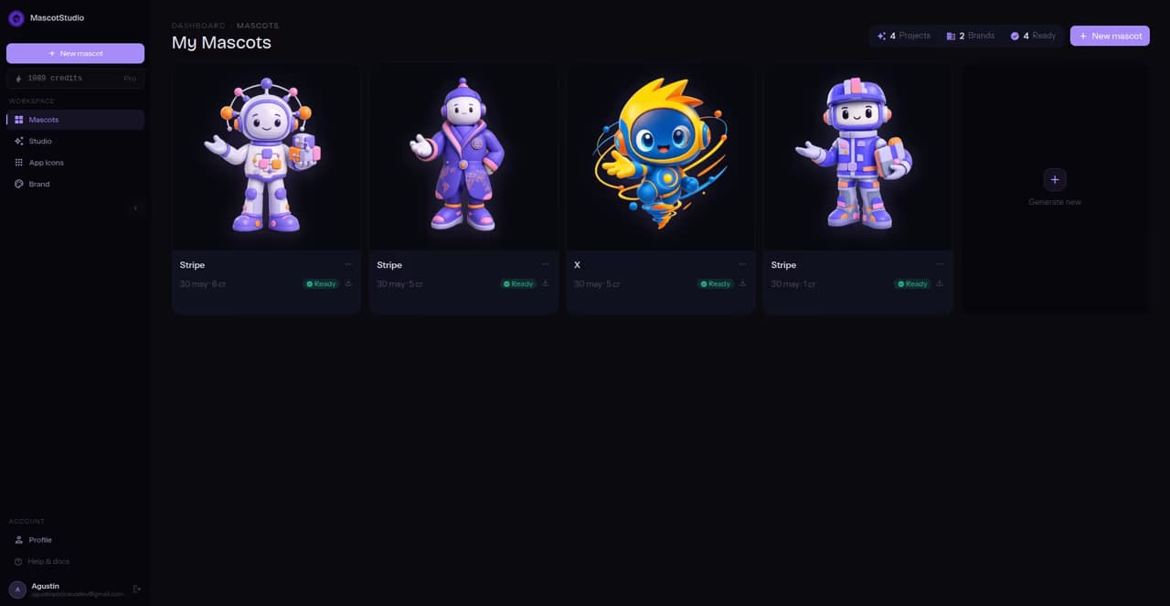 MascotStudio Dashboard showing mascot generation